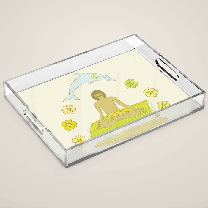 here in now surf meditate gerry lopez // retro art by surfy birdy Acrylic Tray Gallery Image 1