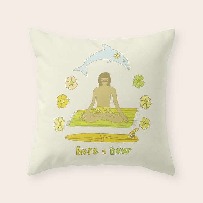 here in now surf meditate gerry lopez // retro art by surfy birdy Throw Pillow Gallery Image 1