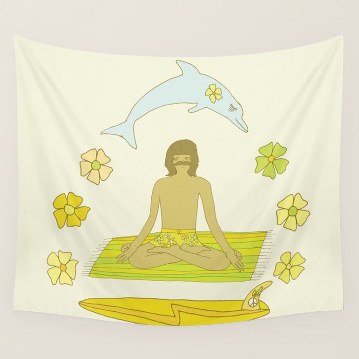 here in now surf meditate gerry lopez // retro art by surfy birdy Wall Tapestry Gallery Image 1