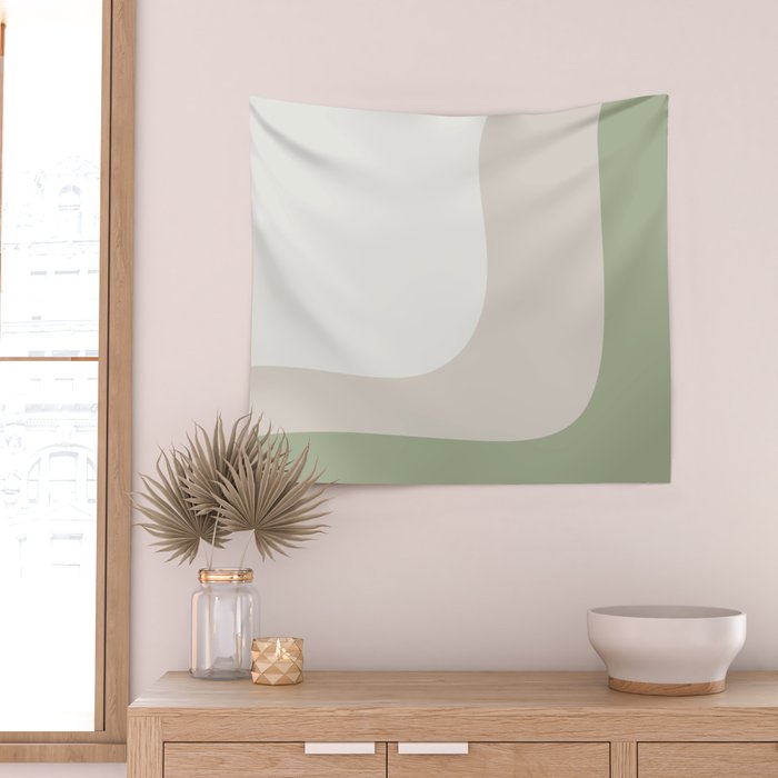 Triple Wave Modern Minimalist Abstract Pattern in Sage Green, Beige, and Cream Wall Tapestry Gallery Image 2