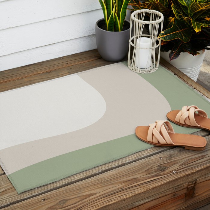 Triple Wave Modern Minimalist Abstract Pattern in Sage Green, Beige, and Cream Outdoor Rug Gallery Image 2