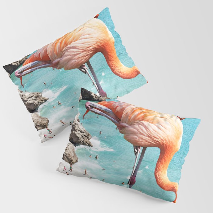 Flamingos on the Beach, Wildlife Surrealism Birds, Nature Flamingo Fantasy Beach Summer Photography Pillow Sham Gallery Image 1