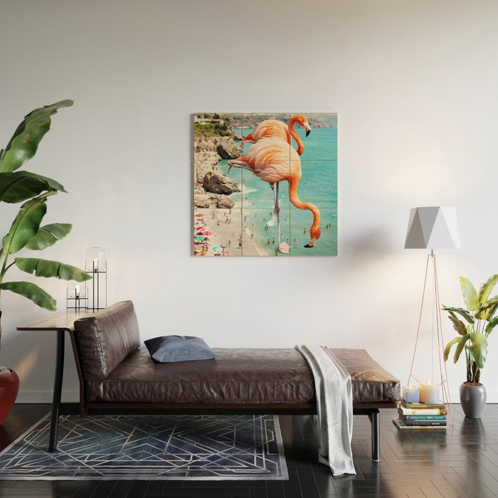 Flamingos on the Beach, Wildlife Surrealism Birds, Nature Flamingo Fantasy Beach Summer Photography Wood Wall Art Gallery Image 2