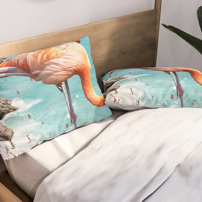 Flamingos on the Beach, Wildlife Surrealism Birds, Nature Flamingo Fantasy Beach Summer Photography Pillow Sham Gallery Image 2