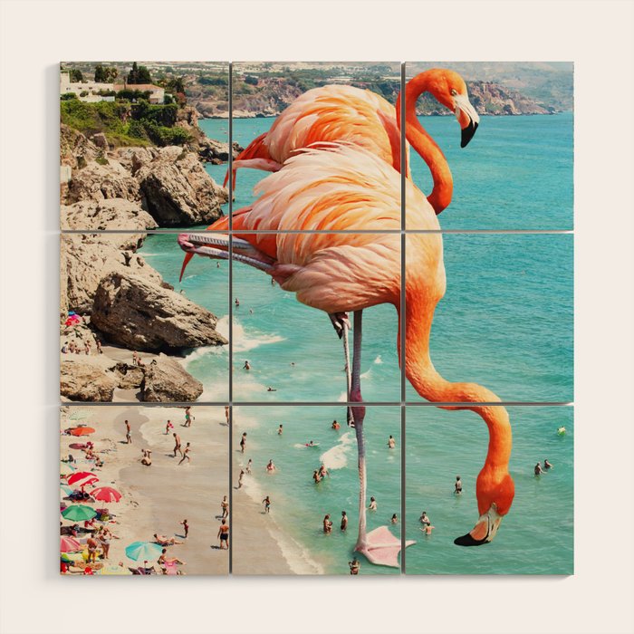 Flamingos on the Beach, Wildlife Surrealism Birds, Nature Flamingo Fantasy Beach Summer Photography Wood Wall Art Gallery Image 1