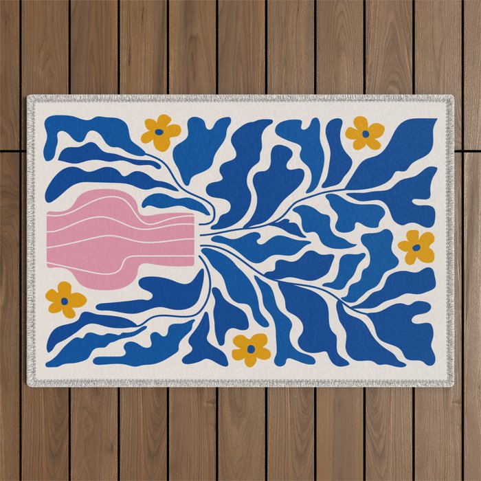 Summer Bloom: Electric Blue Leaves & Golden Poppies Outdoor Rug Gallery Image 1