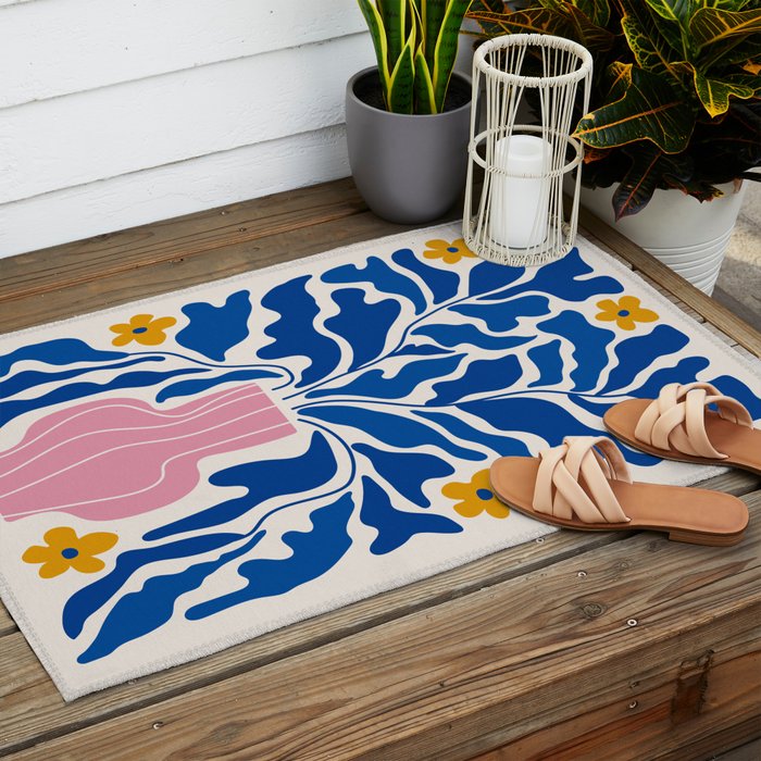 Summer Bloom: Electric Blue Leaves & Golden Poppies Outdoor Rug Gallery Image 2