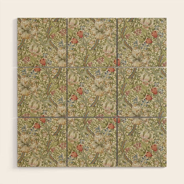 William Morris Golden Lily Minor Green Gold Vintage Pattern  Wood Wall Art Gallery Image 1