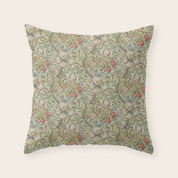 William Morris Golden Lily Minor Green Gold Vintage Pattern  Throw Pillow Gallery Image 6