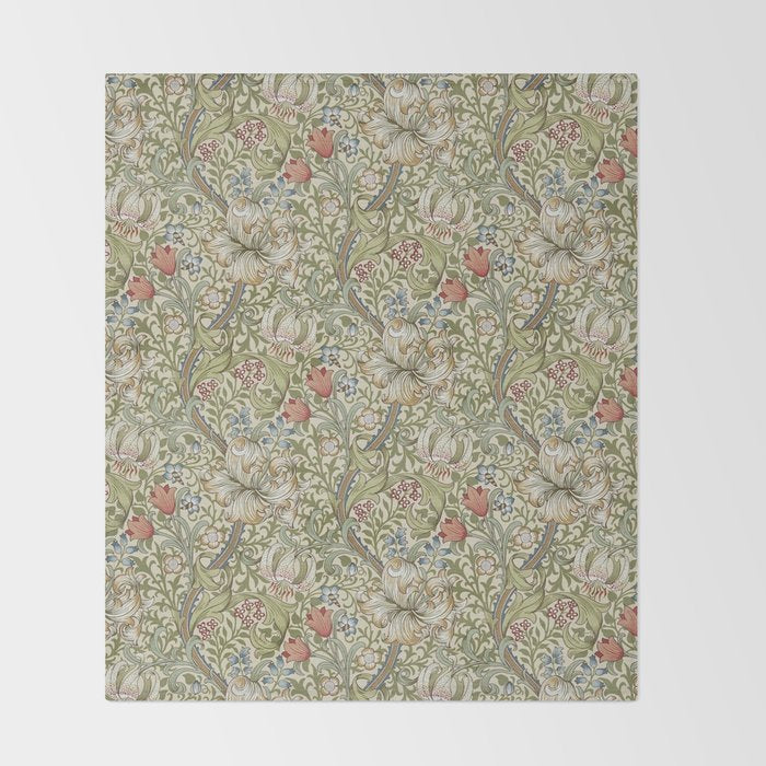 William Morris Golden Lily Minor Green Gold Vintage Pattern  Throw Blanket Gallery Image 2