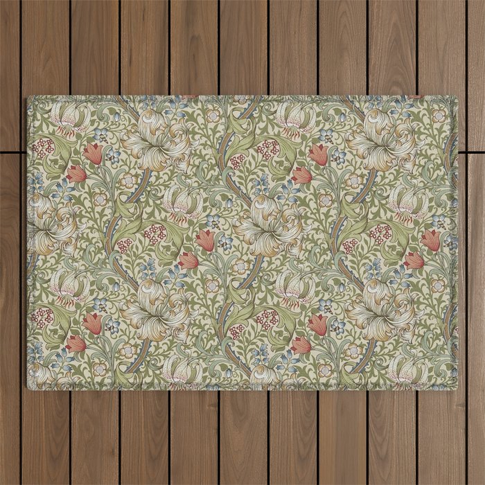 William Morris Golden Lily Minor Green Gold Vintage Pattern  Outdoor Rug Gallery Image 1