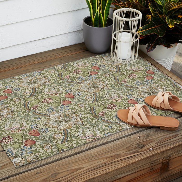 William Morris Golden Lily Minor Green Gold Vintage Pattern  Outdoor Rug Gallery Image 2
