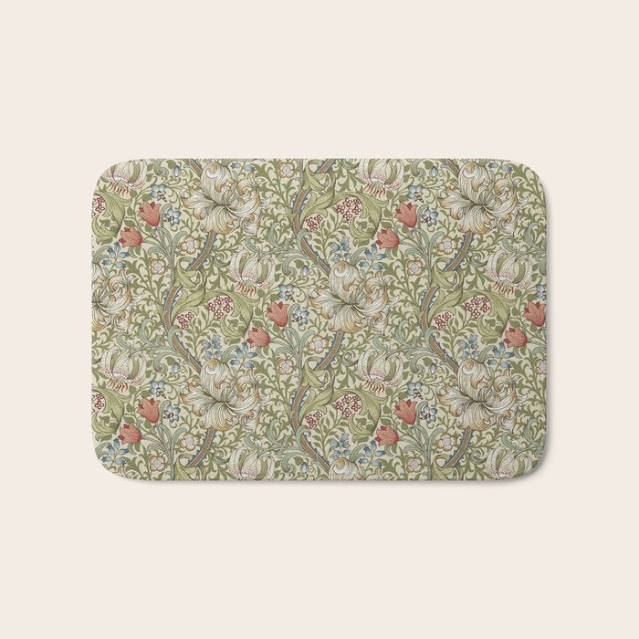 William Morris Golden Lily Minor Green Gold Vintage Pattern  Bath Mat Gallery Image 1
