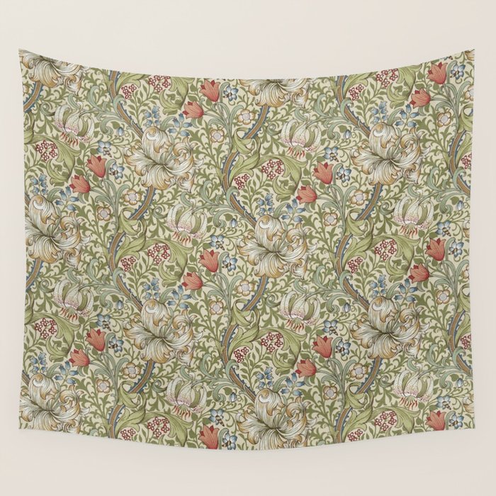 William Morris Golden Lily Minor Green Gold Vintage Pattern  Wall Tapestry Gallery Image 1