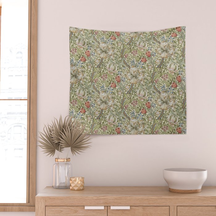 William Morris Golden Lily Minor Green Gold Vintage Pattern  Wall Tapestry Gallery Image 2