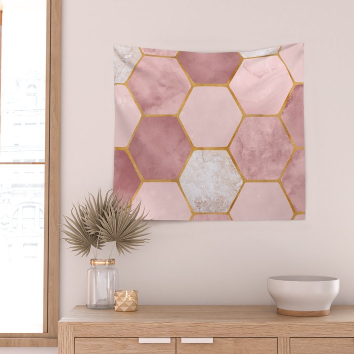 Pink and Gold Hexagon Quartz Wall Tapestry Gallery Image 2