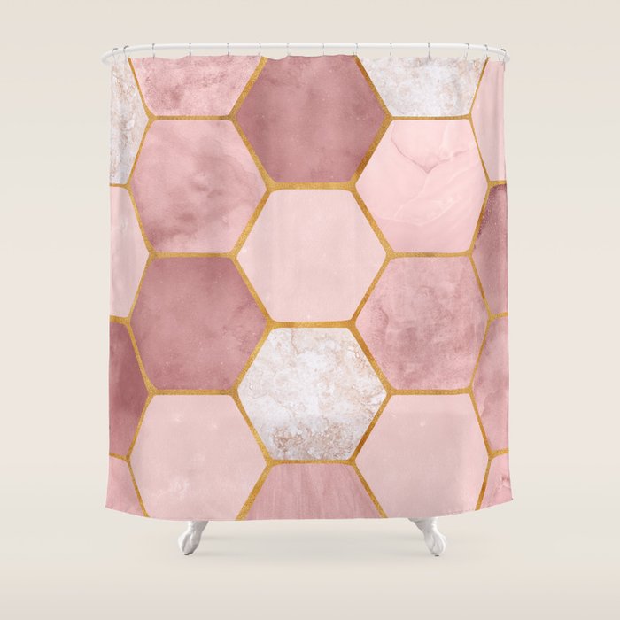 Pink and Gold Hexagon Quartz Shower Curtain Gallery Image 1