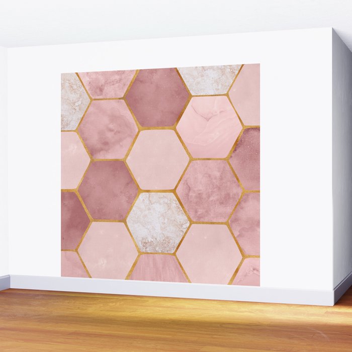 Pink and Gold Hexagon Quartz Wall Mural Gallery Image 2