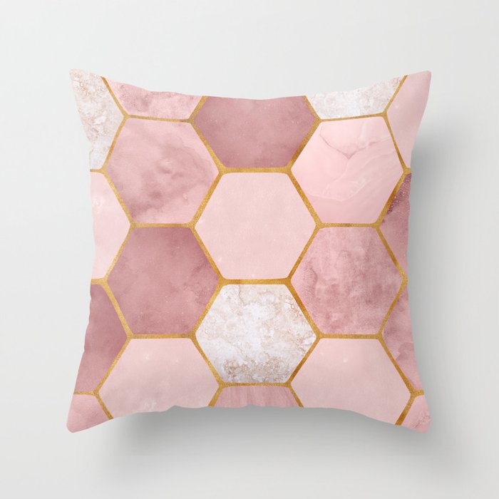 Pink and Gold Hexagon Quartz Throw Pillow Gallery Image 6