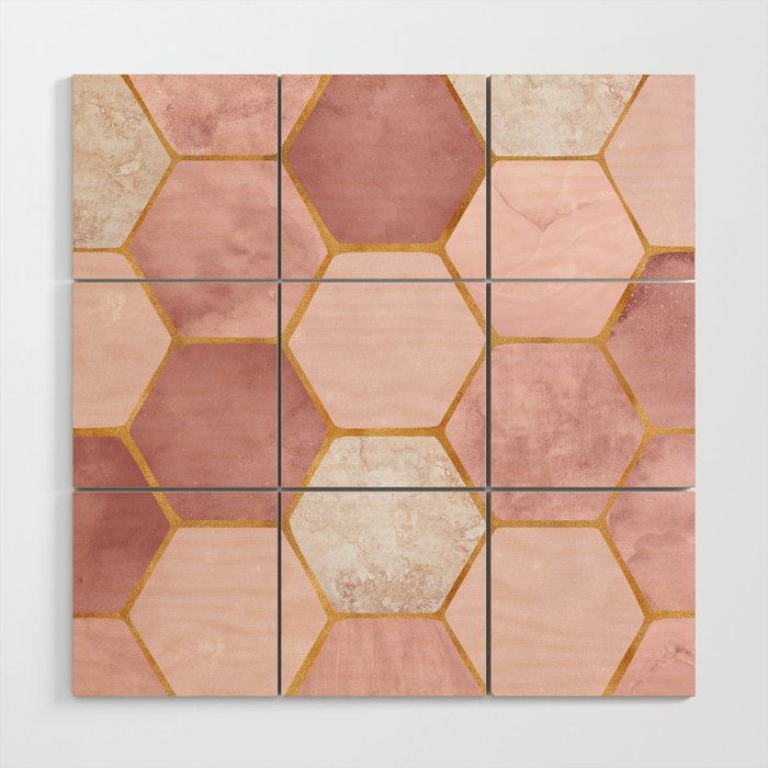 Pink and Gold Hexagon Quartz Wood Wall Art Gallery Image 1