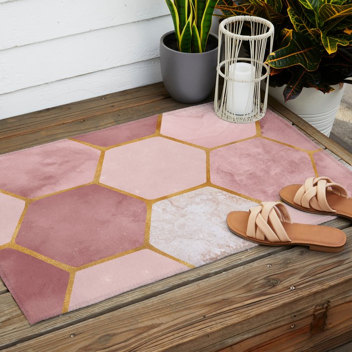 Pink and Gold Hexagon Quartz Outdoor Rug Gallery Image 2