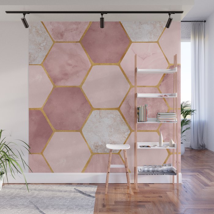 Pink and Gold Hexagon Quartz Wall Mural Gallery Image 1