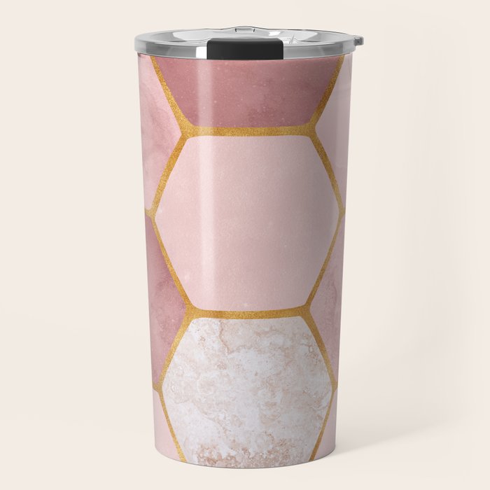 Pink and Gold Hexagon Quartz Travel Mug Gallery Image 1