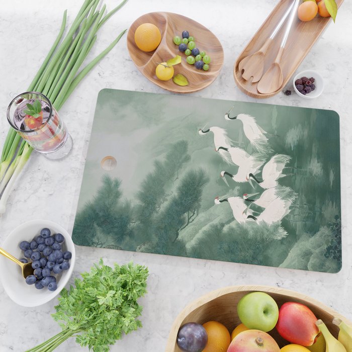 Japandi Wall Art chinoiserie Bird Poster Japanese wabi Sabi sage Green Forest maximalist Painting Cutting Board Gallery Image 2