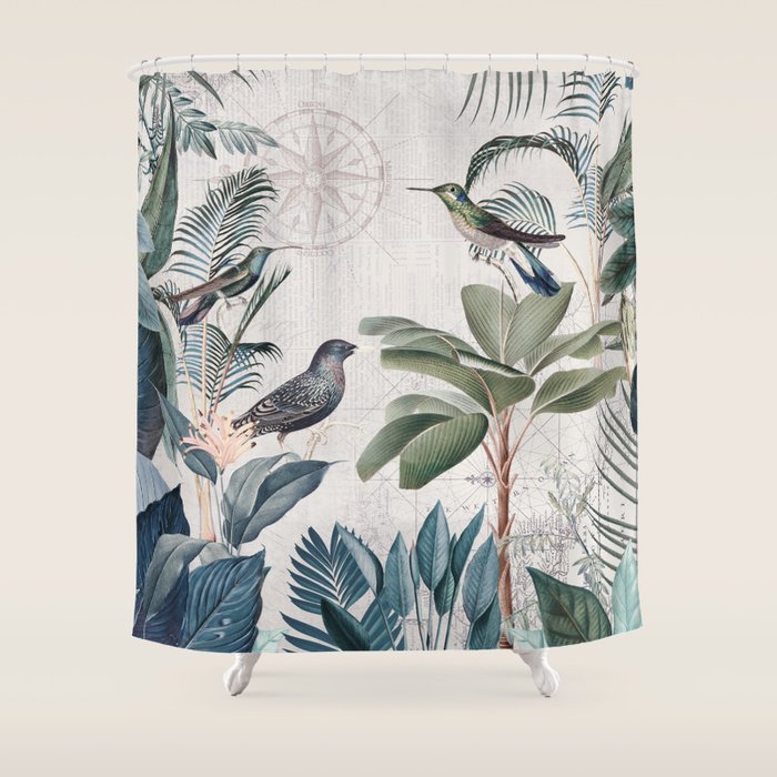 Tropical Birds Paradise Vintage Botanical Illustration Shower Curtain Gallery Image 1