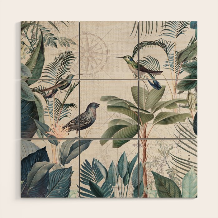 Tropical Birds Paradise Vintage Botanical Illustration Wood Wall Art Gallery Image 1