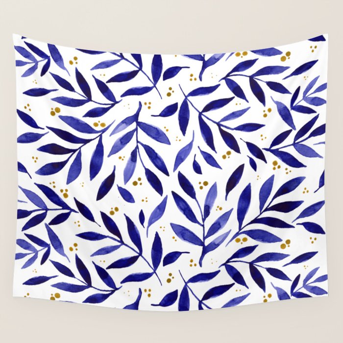 Pretty watercolor branches - blue and yellow Wall Tapestry Gallery Image 1