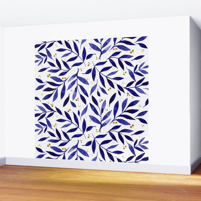 Pretty watercolor branches - blue and yellow Wall Mural Gallery Image 2