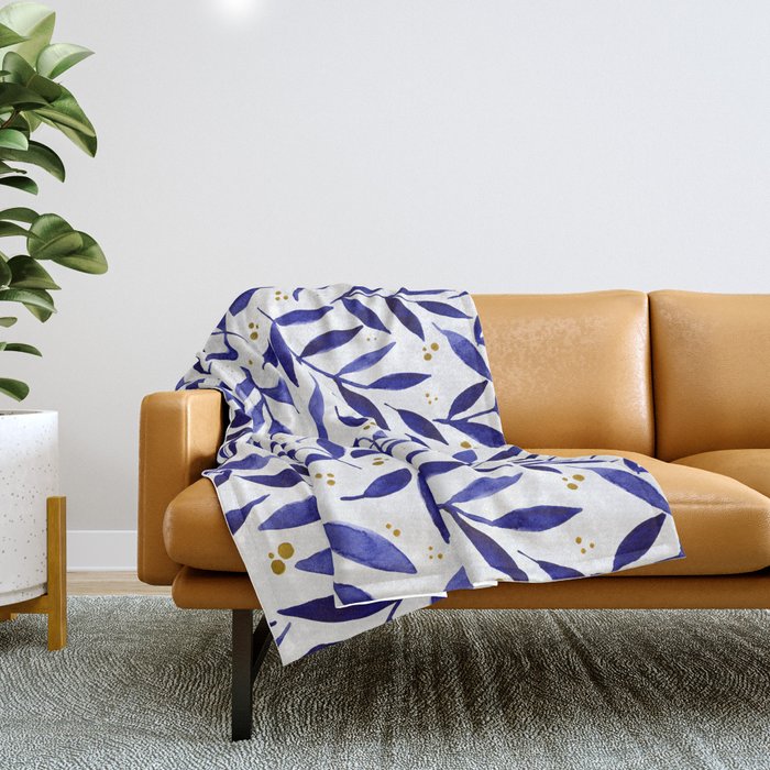 Pretty watercolor branches - blue and yellow Throw Blanket Gallery Image 1