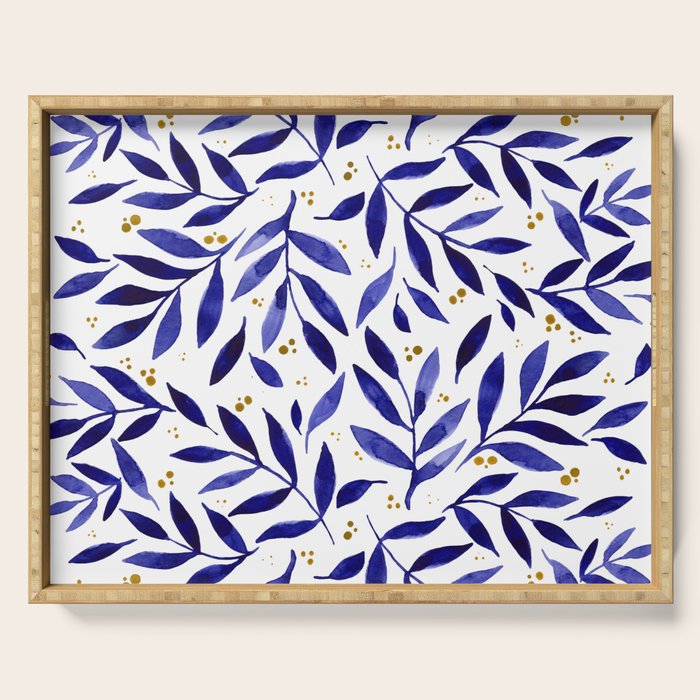 Pretty watercolor branches - blue and yellow Serving Tray Gallery Image 1