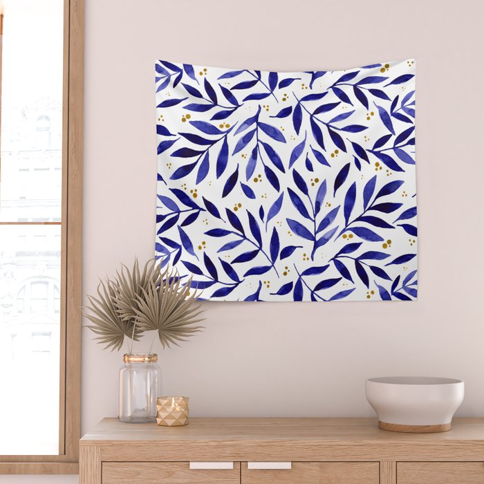 Pretty watercolor branches - blue and yellow Wall Tapestry Gallery Image 2