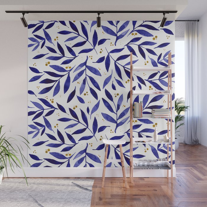 Pretty watercolor branches - blue and yellow Wall Mural Gallery Image 1