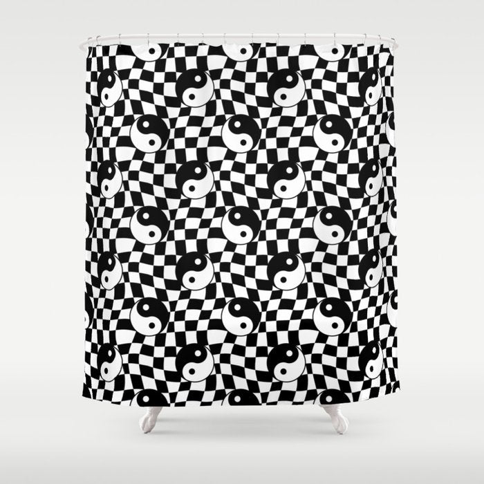 Black and white yin yang checkered pattern Shower Curtain Gallery Image 1