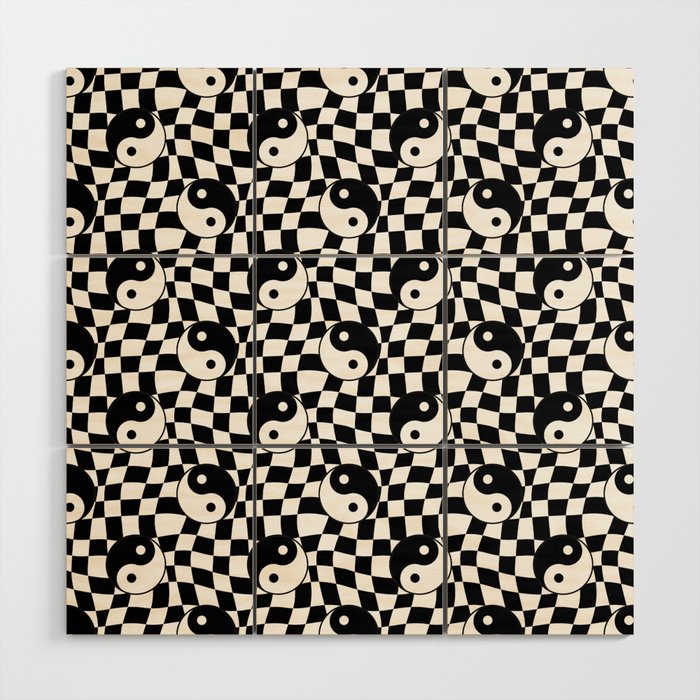 Black and white yin yang checkered pattern Wood Wall Art Gallery Image 1