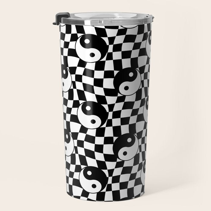 Black and white yin yang checkered pattern Travel Mug Gallery Image 3