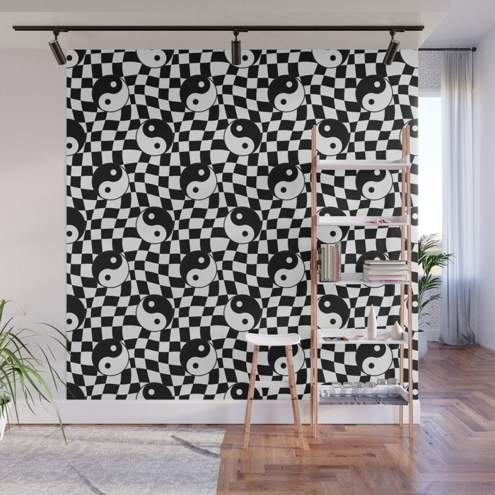 Black and white yin yang checkered pattern Wall Mural Gallery Image 1
