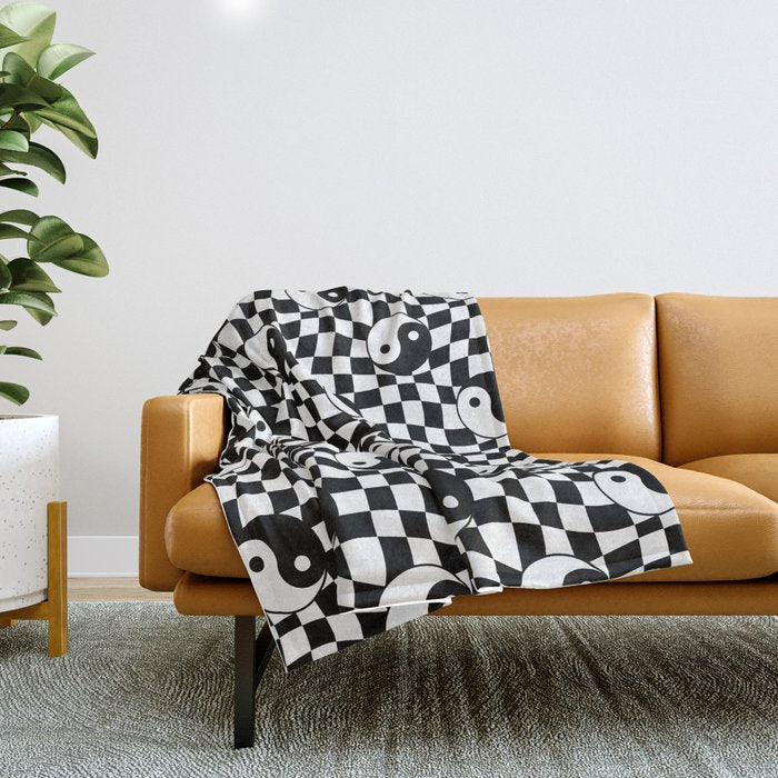 Black and white yin yang checkered pattern Throw Blanket Gallery Image 1