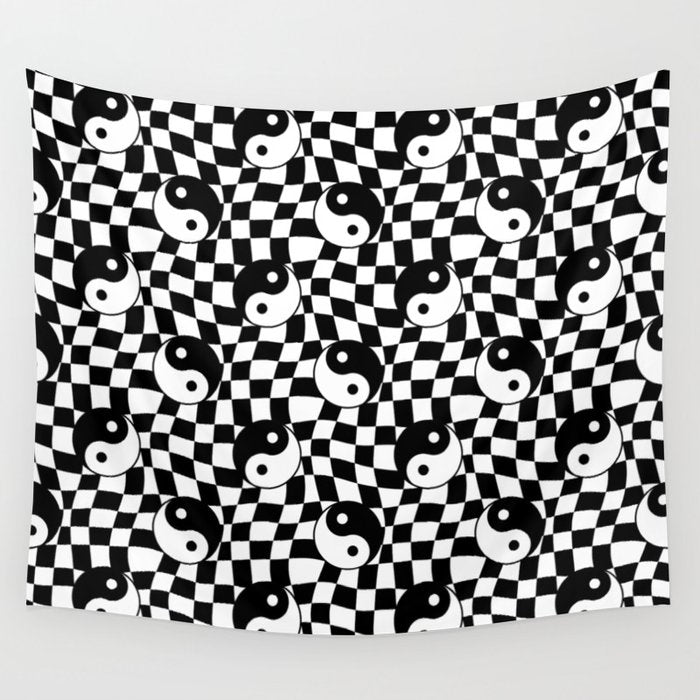 Black and white yin yang checkered pattern Wall Tapestry Gallery Image 4
