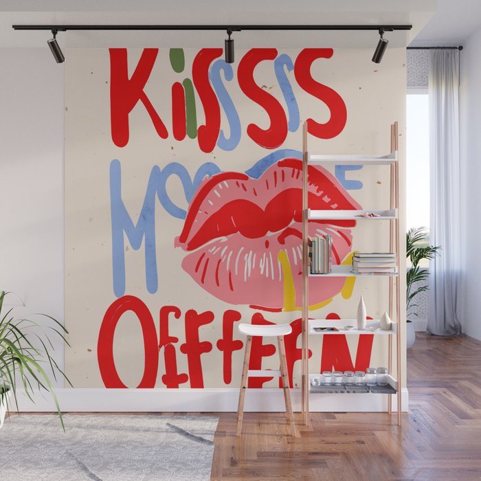 Kiss More Often, Typography Quote Saying Fun Words, Eclectic Bohemian Contemporary Passion Love, Make Out Illustration Painting  Wall Mural Gallery Image 1