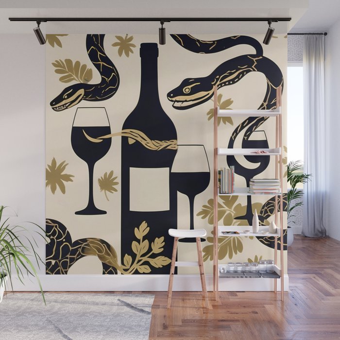 Snakes & Wines, Not Quite Sure If There Were Ladders | Animals Whimsical Drinking Party, Quirky Illustration Line Drawing Wine Alcohol, Vines Game Mystery Sketch Wall Mural Gallery Image 1