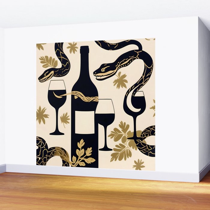 Snakes & Wines, Not Quite Sure If There Were Ladders | Animals Whimsical Drinking Party, Quirky Illustration Line Drawing Wine Alcohol, Vines Game Mystery Sketch Wall Mural Gallery Image 2