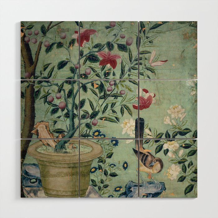 18th Century Antique Mint Chinoiserie Bird Garden Fresco 1740 Wood Wall Art Gallery Image 1