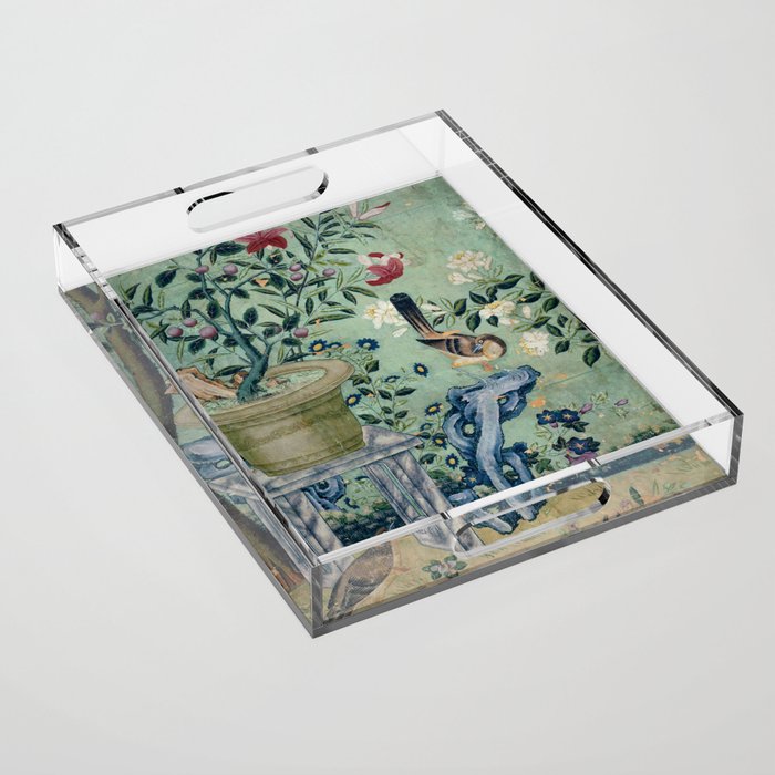 18th Century Antique Mint Chinoiserie Bird Garden Fresco 1740 Acrylic Tray Gallery Image 1