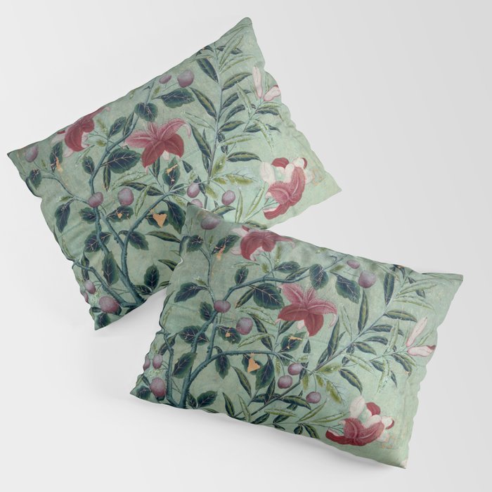 18th Century Antique Mint Chinoiserie Bird Garden Fresco 1740 Pillow Sham Gallery Image 1