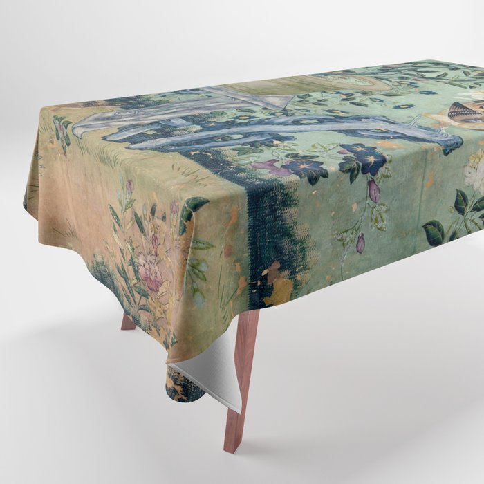 18th Century Antique Mint Chinoiserie Bird Garden Fresco 1740 Tablecloth Gallery Image 1