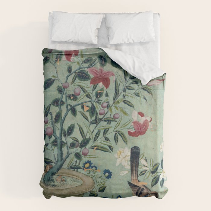 18th Century Antique Mint Chinoiserie Bird Garden Fresco 1740 Duvet Cover Gallery Image 6